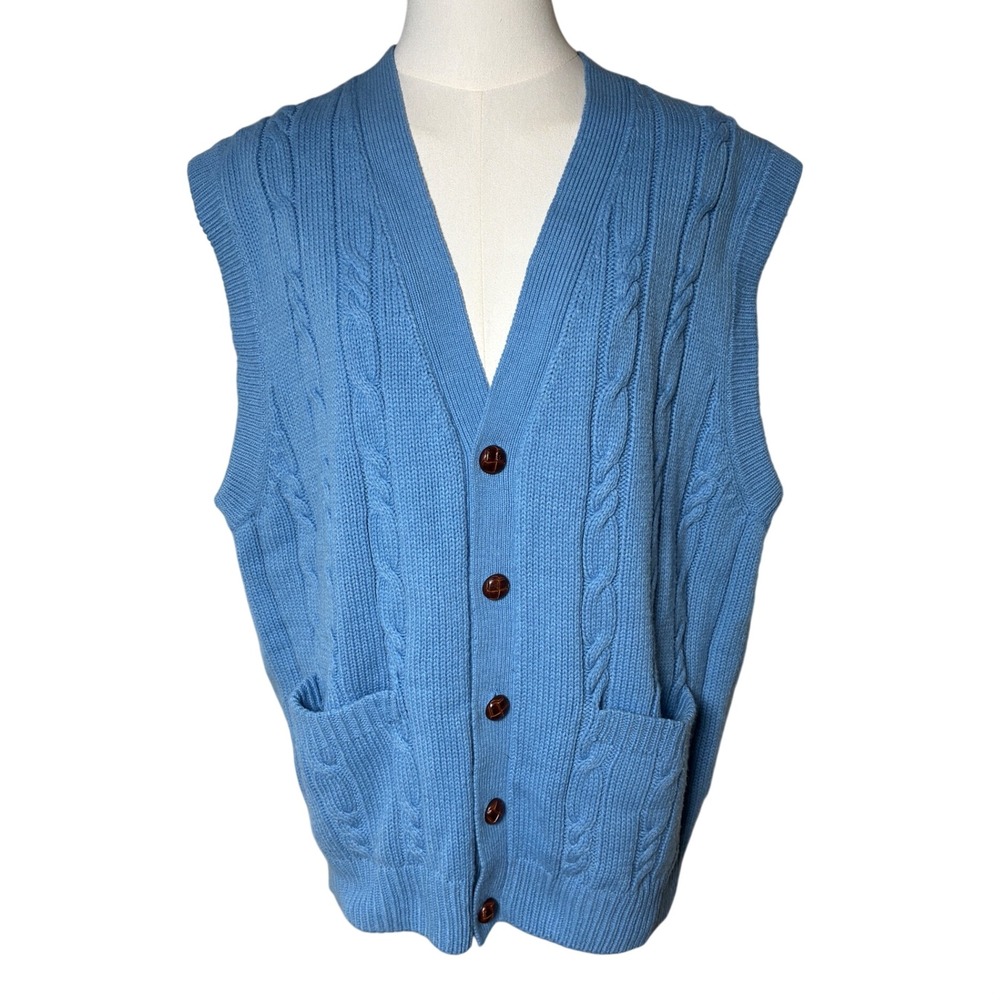 Cable Knit Sweater Vest Button Front Blue Towncraft Mens Large Acrylic Grandpa
